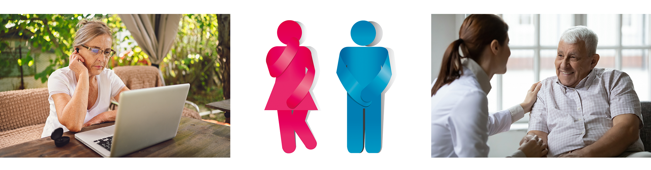 WCW 21.-25. 6. 2021 Bildleiste, Frau am Latop online, Pictogramm Kontinenz Frau und Mann, Gespräch KSB